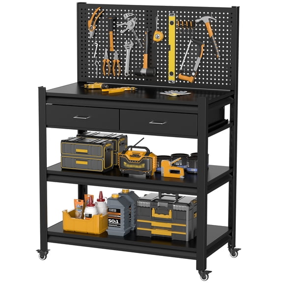 Work Bench with Drawer and Pegboard,Heavy Duty 3000lbs Capacity Workbench with Wheels Adjustable Shelves,Tool Cart,Work Table for Garage Warehouse47.2"H*33.46"W*18"D