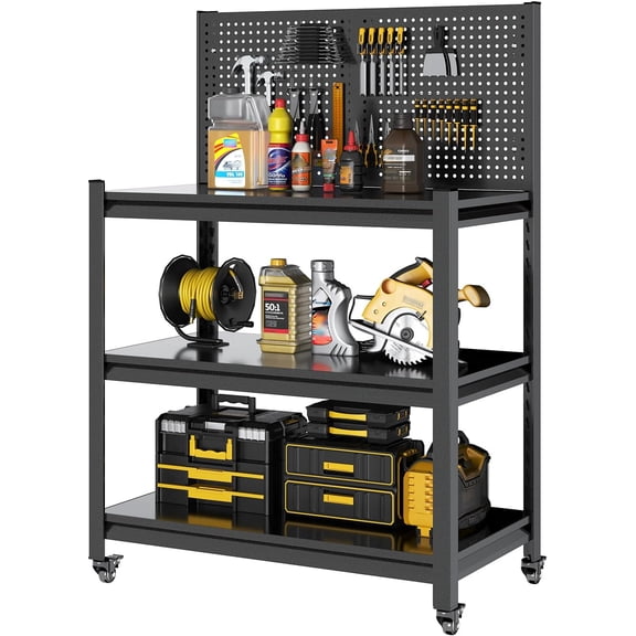 Work Bench with Pegboard,Heavy Duty 3000lbs Capacity Workbench with Wheels Adjustable Shelves,Tool Cart,Work Table for Garage Warehouse47.2 H*33.46" W*18" D