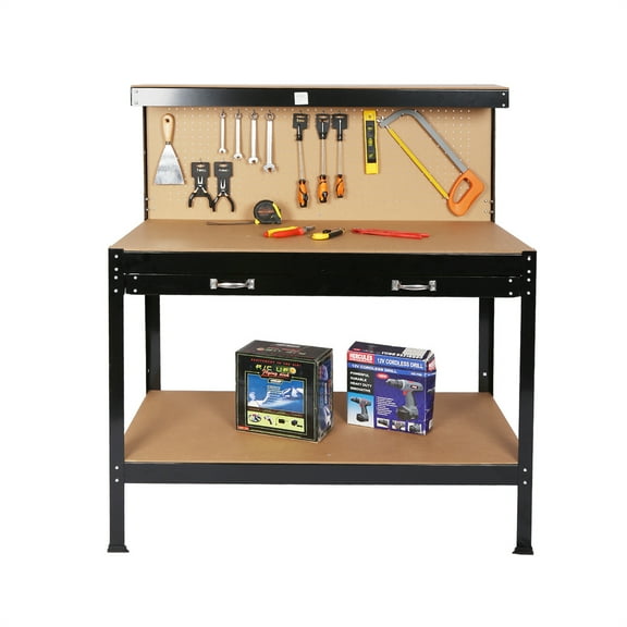 Work Bench, Steel Garage Workbench Tool Workstation with 2 Drawers, Storage Shelf & Peg Board, Multipurpose Work Table Tool Organizer for Home Workshop Storage Tools, 45.3''L*21.7''W*55''H, Black