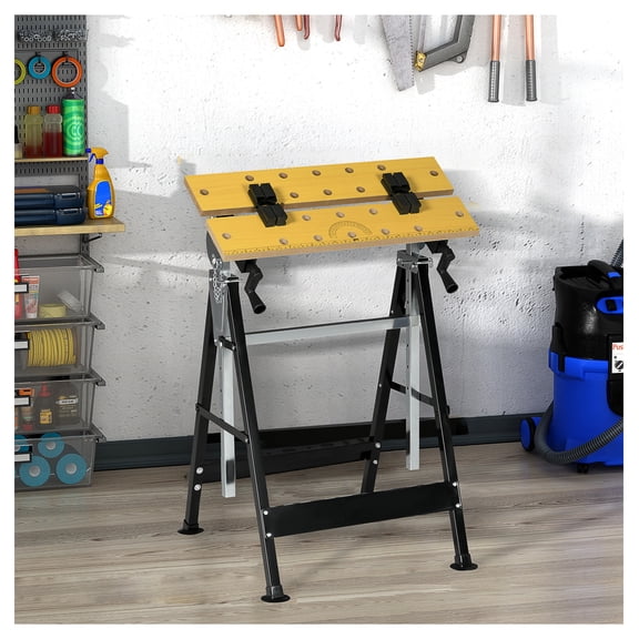 Work Bench Tool Stand, Adjustable Height & Angle Carpenter Table with Clamps, Steel Frame, 220lbs Capacity, Sawhorse Workstation