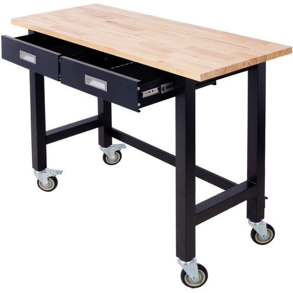 Work Bench, Workbench with Drawer Storage, Heavy Duty Bamboo Wood Work Table with Wheels for Garage Home Office