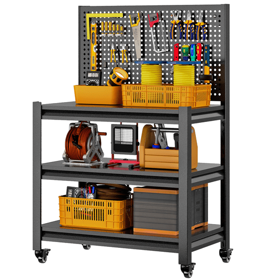 Work Bench with Pegboard,Heavy Duty Workbench with Wheels Adjustable Shelves,Tool Cart,Work Table for Garage Warehouse, 47.1"*31.5"W*15.7"D