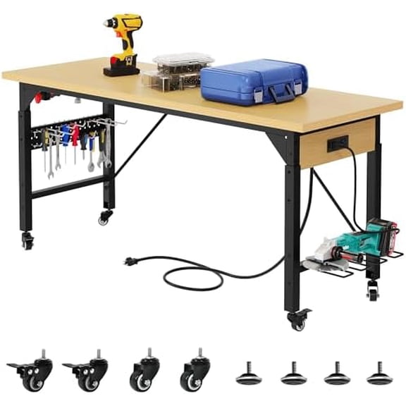 Work Benches for Garage 60" x 24" Work Table w/Outlets, Tool Bench Garage Workbench Husky Workbench 1600 LBS Load Capacity with Wheels for Workshop, Office, Home, Outdoor$$Tools & Hardware Other
