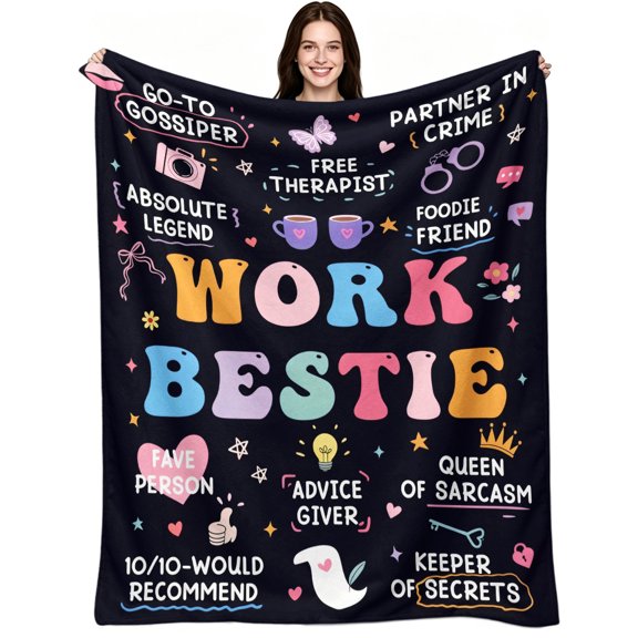 Work Bestie Flannel Throw Blanket with GO-TO GOSSIPER PARTNER IN CRIME Print, Soft Cozy Navy Pastel Pattern for Couch Bed Sofa, Coworker Gift