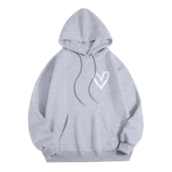 Work Blouses for Women Fall Winter Loose Fit Hooded Long-sleeved Puff Off the Shoulder Hoody Love Printed Leisure Flannel Pullovers Hoodies(Light Gray,XXL)