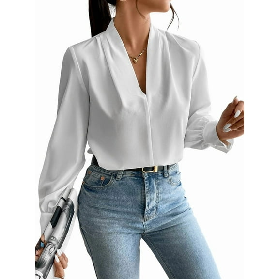 Work Blouses for Women Long Sleeve Blouses Business Spring Top Womens V Neck Office Shirts White S