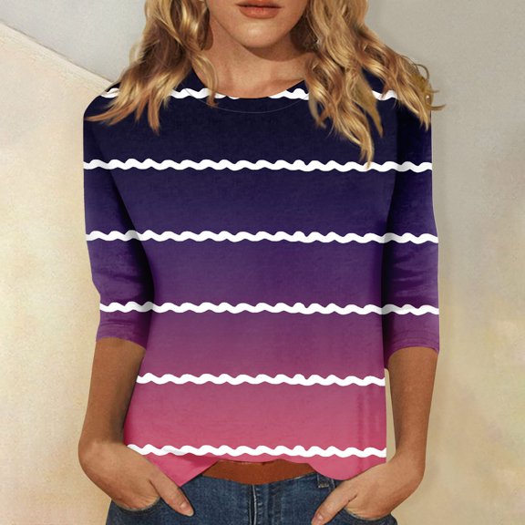 Work Blouses for Women Women's Fashion Casual Round Neck 3/4 Sleeve Loose Printed T-Shirt Ladies Top