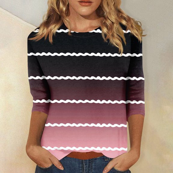 Work Blouses for Women Women's Fashion Casual Round Neck 3/4 Sleeve Loose Printed T-Shirt Ladies Top