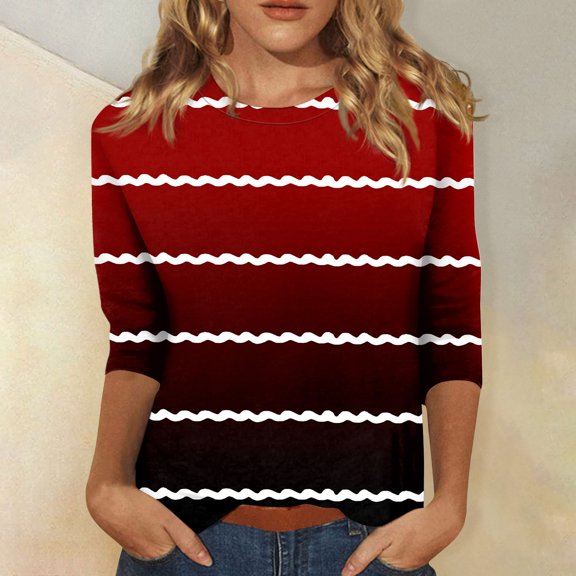 Work Blouses for Women Women's Fashion Casual Round Neck 3/4 Sleeve Loose Printed T-Shirt Ladies Top