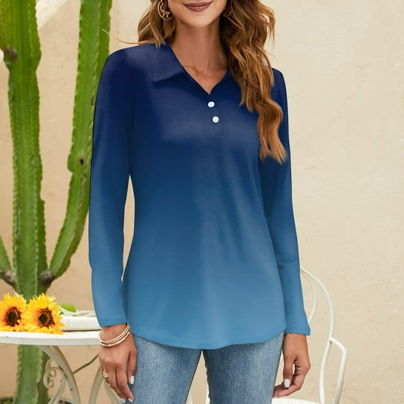 Work Blouses for Women Women's Fashion Printed Shirt Button Collar V Neck Long Sleeve Loose Shirt Tops