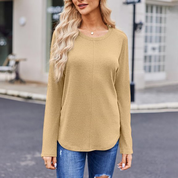 Work Blouses for Women Women's Fashion Solid Color Round Neck Long Sleeve T-shirt Casual Autumn Tops