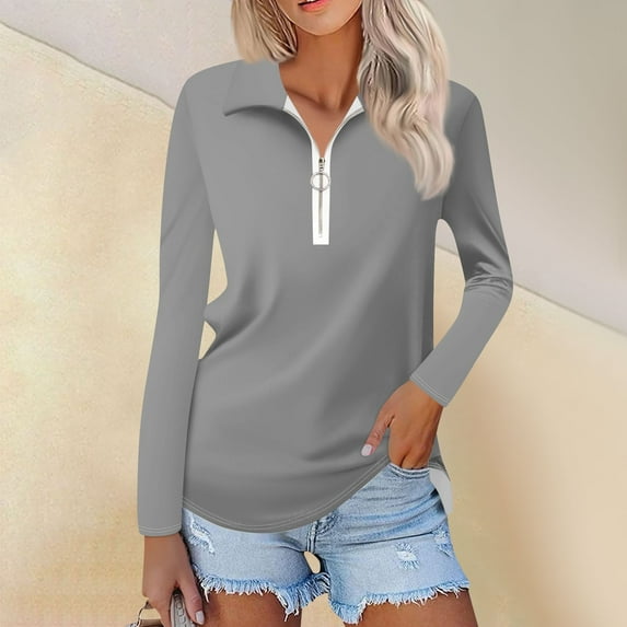 Work Blouses for Women Women's Spring And Fashion Casual Solid Color Printed Zipper V-Neck Long Sleeve Shirt Tops