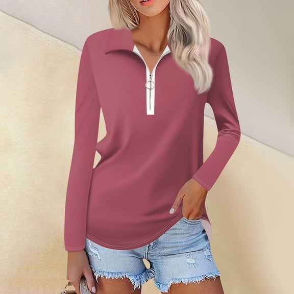 Work Blouses for Women Women's Spring And Fashion Casual Solid Color Printed Zipper V-Neck Long Sleeve Shirt Tops