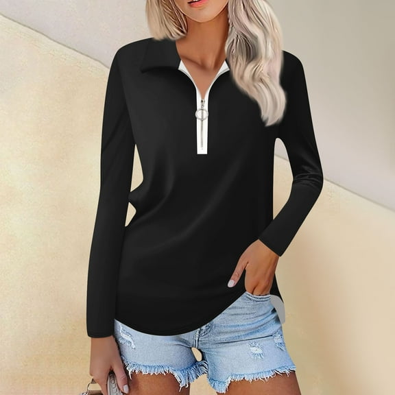Work Blouses for Women Women's Spring And Fashion Casual Solid Color Printed Zipper V-Neck Long Sleeve Shirt Tops