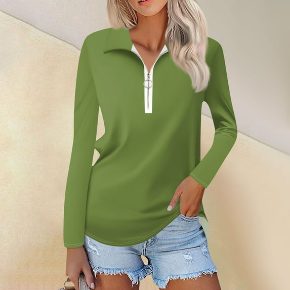 Work Blouses for Women Women's Spring And Fashion Casual Solid Color Printed Zipper V-Neck Long Sleeve Shirt Tops