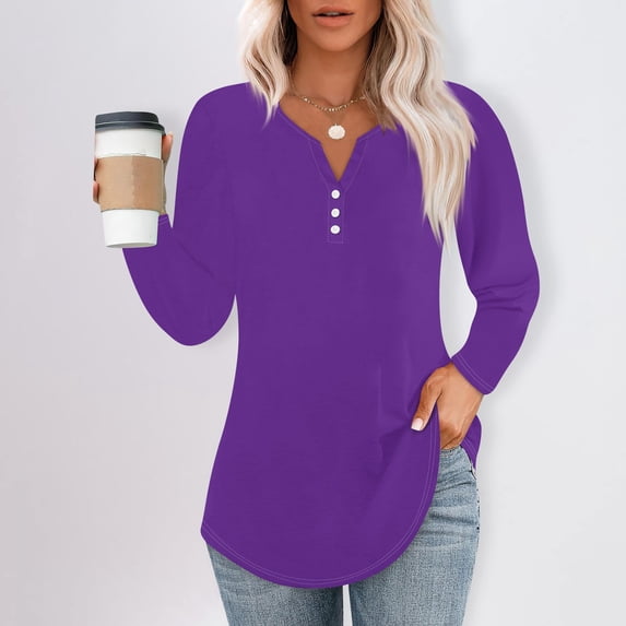 Work Blouses for Women Women's T Shirt Tee Button Soild Color Long Sleeve Daily Weekend Fashion Basic V-Neck Top