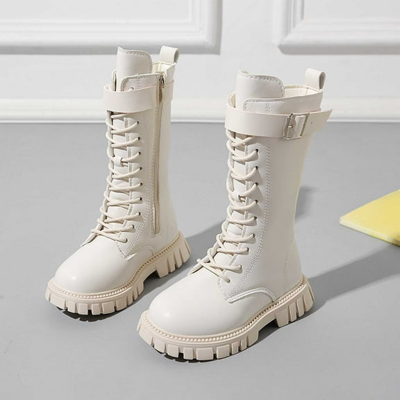 Work Boots,Girls Winter Boots Stylish Classic for Students Fashionable Long Boots for Young,Polo Boots,05 White,4.5-5 Years