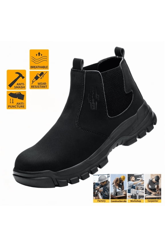 Work Boots for Men, Slip On Steel Toe Chelsea Safety Boots, Waterproof Slip Resistant Work Shoes, Lightweight Comfortable Breathable Non Slip Safety Toe Shoes