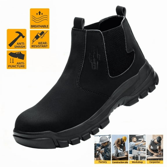 Work Boots for Men, Slip On Steel Toe Chelsea Safety Boots, Waterproof Slip Resistant Work Shoes, Lightweight Comfortable Breathable Non Slip Safety Toe Shoes