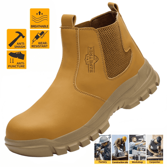 Work Boots for Men, Slip On Steel Toe Chelsea Safety Boots, Waterproof Slip Resistant Work Shoes, Lightweight Comfortable Breathable Non Slip Safety Toe Shoes