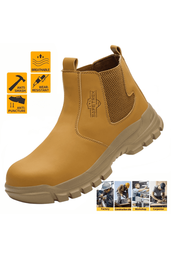 Work Boots for Men, Slip On Steel Toe Chelsea Safety Boots, Waterproof Slip Resistant Work Shoes, Lightweight Comfortable Breathable Non Slip Safety Toe Shoes