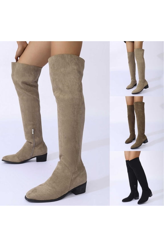 Work Boots for Men TKYCMSUAKI Women's Thigh High Block Heel Over The Knee Boots Pull On Zipper Faux Suede Booties Fashion Low Block Heel Riding Boots Winter Low Flat Heel Long Boots