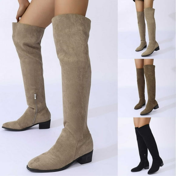 Work Boots for Men TKYCMSUAKI Women's Thigh High Block Heel Over The Knee Boots Pull On Zipper Faux Suede Booties Fashion Low Block Heel Riding Boots Winter Low Flat Heel Long Boots