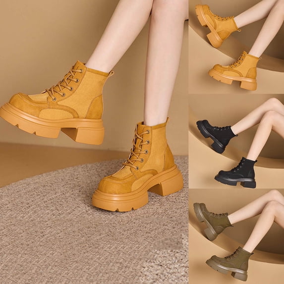 Work Boots Thick-Soled Chunky Low Heel Round Toe Ankle Booties Fashion Casual Solid Color Comfortable Warm Fall Winter Shoes for Women Black 6.5