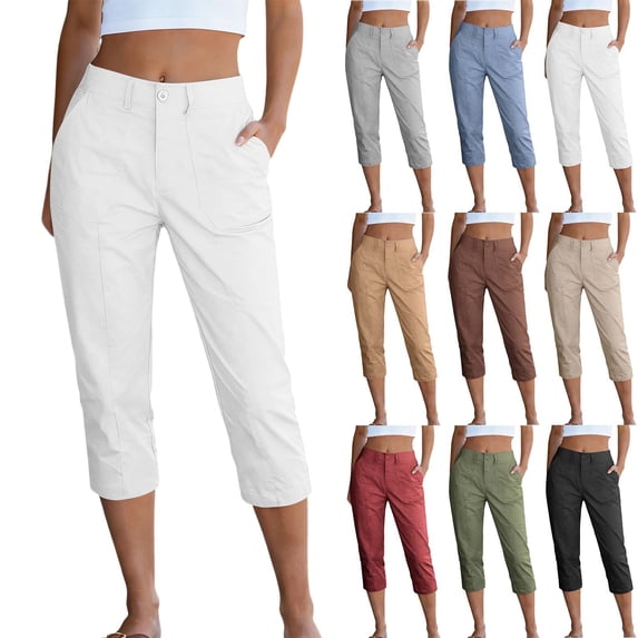 Work Capri Pants for Women with Pockets High Waisted Slim Fit Cropped Pants Summer Business Casual Trousers