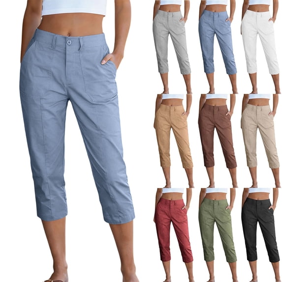 Work Capri Pants for Women with Pockets High Waisted Slim Fit Cropped Pants Summer Business Casual Trousers