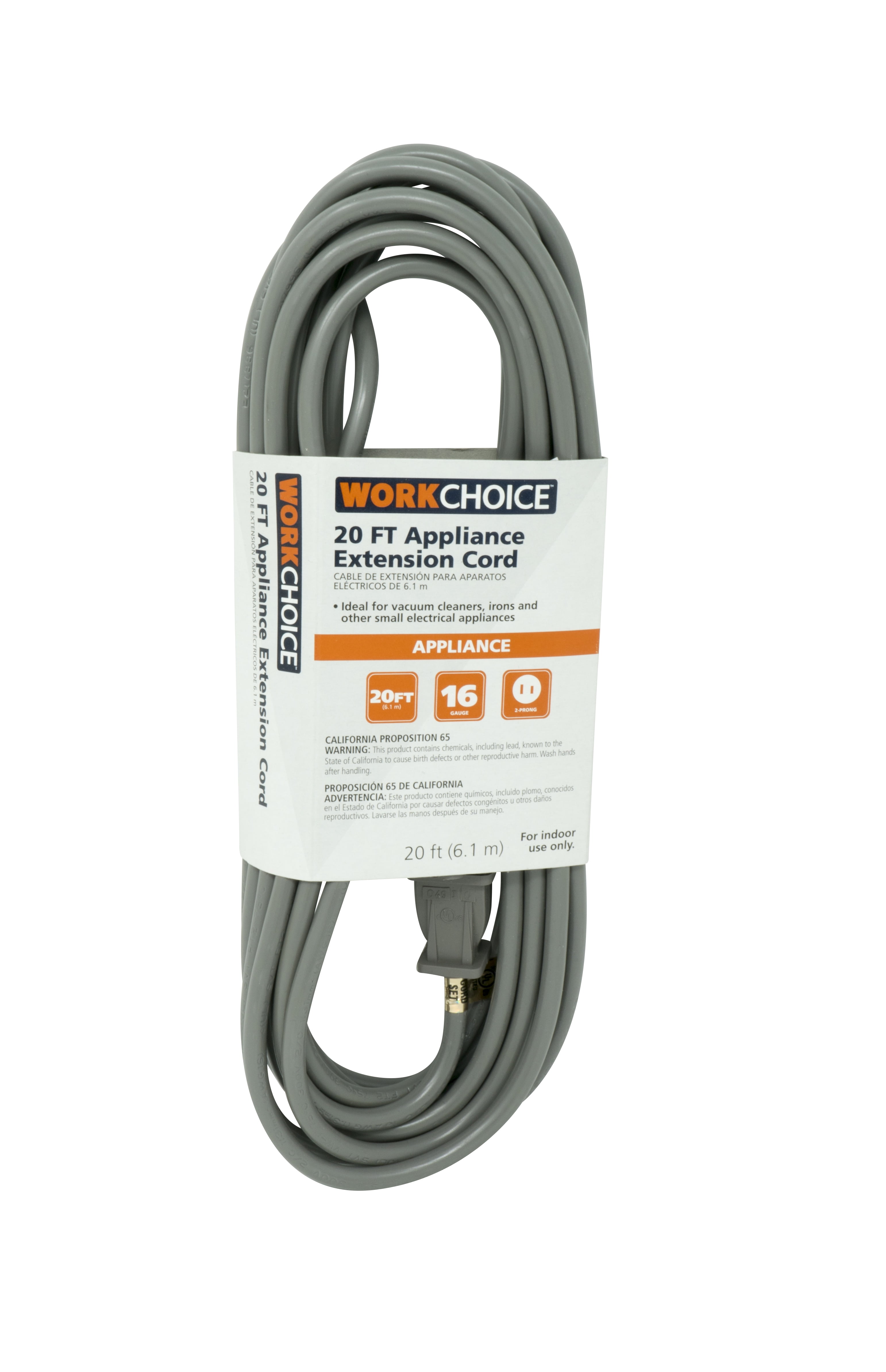 Work Choice 990547WCH 16/2 SVT Small Appliance Extension Cord, 20Foot, Gray
