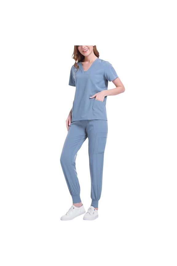 Work Clothes for Women, Solid Loose Ankle Cuff Pants Pocket Caregiver Short Sleeve V-Neck Blouses Nurse Uniform Set