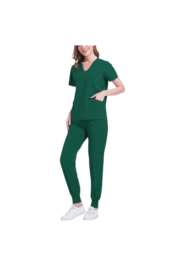 Work Clothes for Women, Solid Loose Ankle Cuff Pants Pocket Caregiver Short Sleeve V-Neck Blouses Nurse Uniform Set