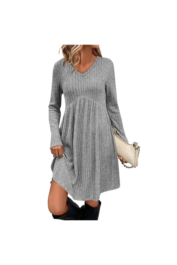 Work Dress Ladies' Solid Color Casual Long-sleeved V-neck Dress With Pockets And A Cinched Waist Dresses for Women Cute Elasticity Mid Dresses Soft Comfortable Dress Athletic Travel Dress