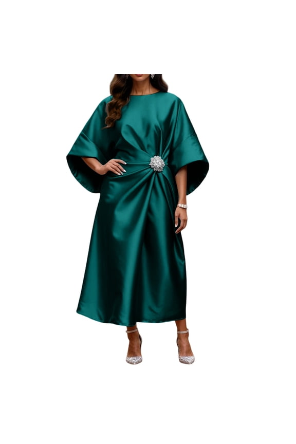 Work Dress, Women's Long Sleeve Satin Dress with Pearl Bead Embellishment, Elegant and Professional for Office, Business Meetings and Conferences. Green 2XL