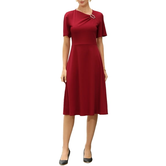 Work Dress for Women A-Line Short Sleeve Business Elegant Midi Dresses S Red