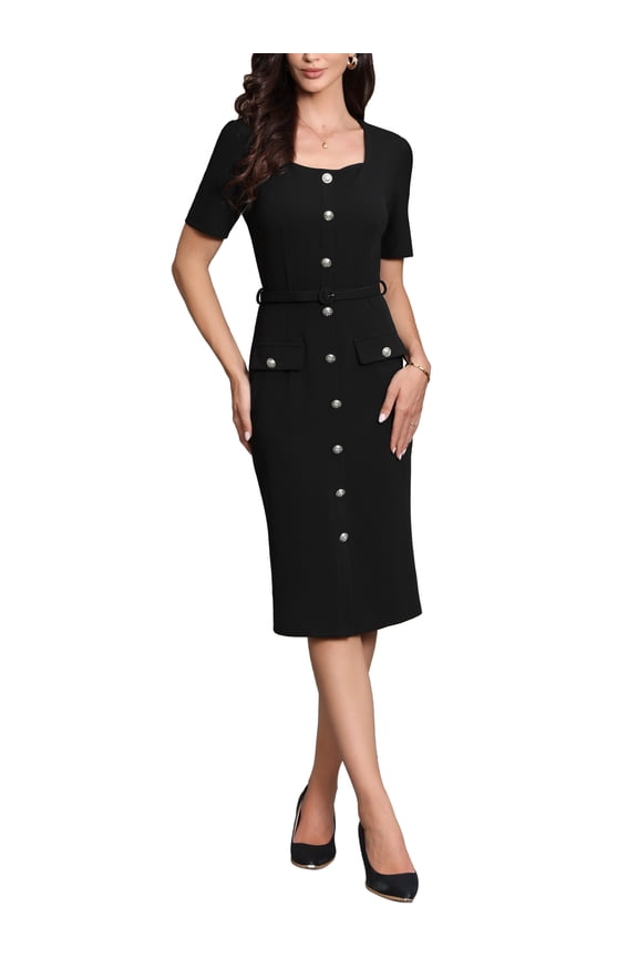 Work Dress for Women Square Neck Short Sleeve Button Down Vintage Sheath Midi Dresses with Belt XS Black