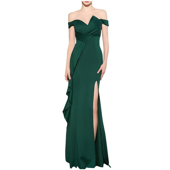 Work Dresses for Women Women's Elegant Bodycon off Shoulder Sleeveless High Split Ruched Long Formal Evening Dress Mermaid Evening Cocktail Long Dress S-4 Green S
