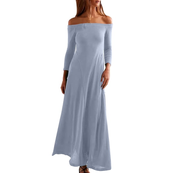 Work Dresses for Women Women's off Shoulder Bodycon Maxi Dress 3/4 Sleeve Stretchy Solid Slim Flowy Evening Party Gowns Midi Dresses for Women S-247 Blue S