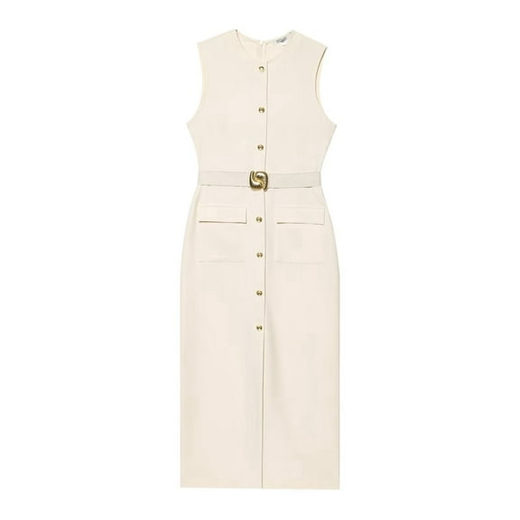 Work Dresses for Women 2025 Business Formal Long Dress Sleeveless Button Down Elegant Office Outfits with Belt Beige M