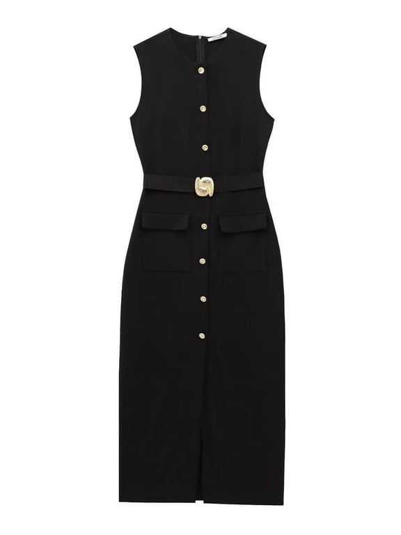 Work Dresses for Women 2025 Business Formal Long Dress Sleeveless Button Down Elegant Office Outfits with Belt Black XS