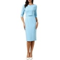 thumbnail image 1 of INSPIRE CHIC Work Dresses for Women 3/4 Sleeve Boat Neck Elegant Belted Formal Midi Dress XS Blue, 1 of 6