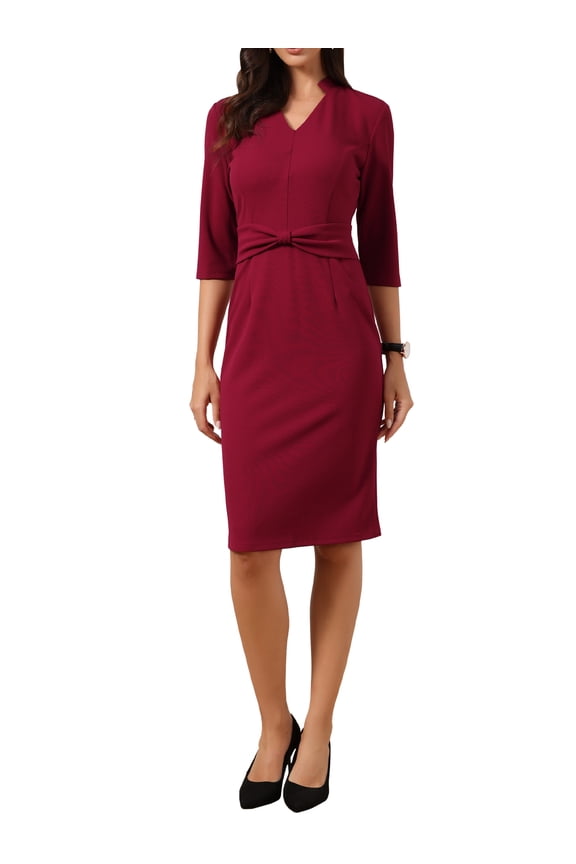 Work Dresses for Women 3/4 Sleeve V Neck Stand Collared Bodycon Business Office Sheath Dress 2026 L Wine Red