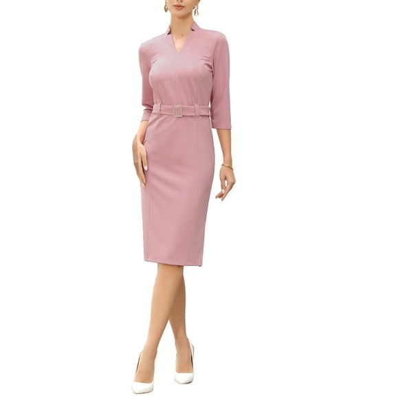 Work Dresses for Women 3/4 Sleeve V Neck Elegant Belted Formal Midi Dress L Pink