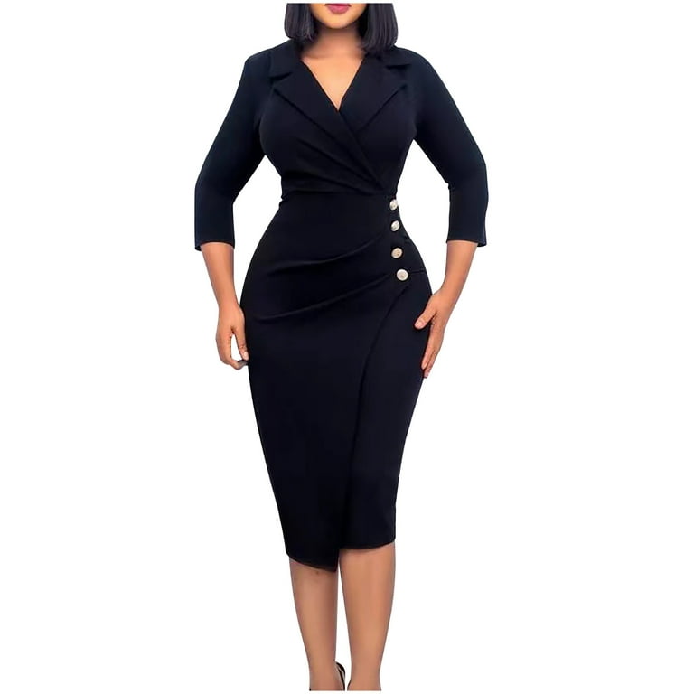 Work Dresses for Women Casual Turn Down Collar Wrap V Neck Long Sleeve  Bodycon Office Business Midi Pencil Dress
