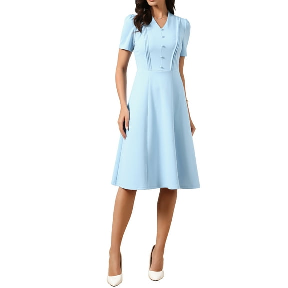 Work Dresses for Women Midi Length Button Decro Short Sleeve V Neck A-Line Business Casual Dresses S Sky Blue