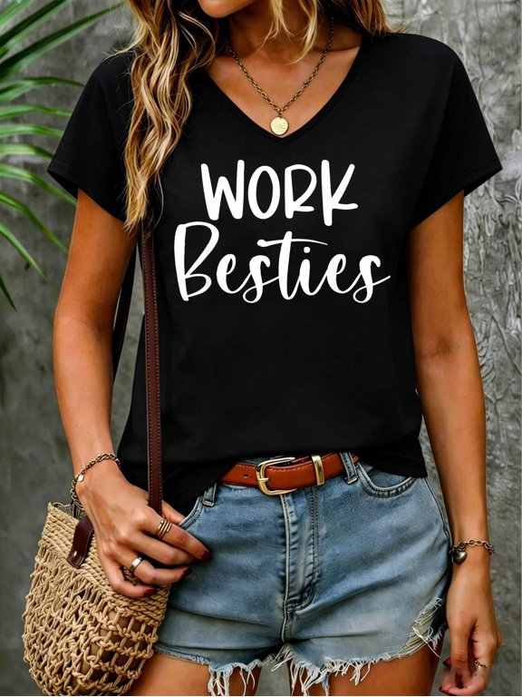 Work Friends Cute Work Besties Matching Employee Coworker V Neck T-Shirt Cotton Women's V Neck Graphic Tee, Casual Short Sleeve Shirt,Vacation Outfit