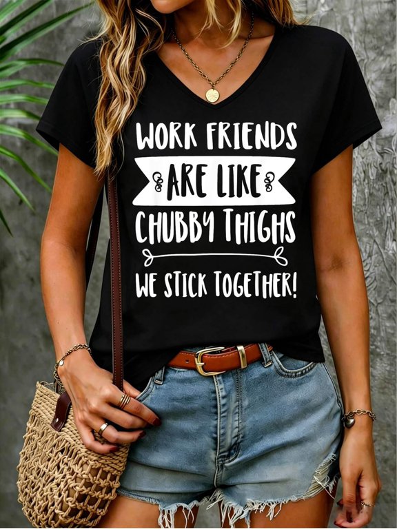 Work Friends Stick Together - Cute Work Besties V Neck T-Shirt Cotton Women's V Neck Graphic Tee, Casual Short Sleeve Shirt,Vacation Outfit