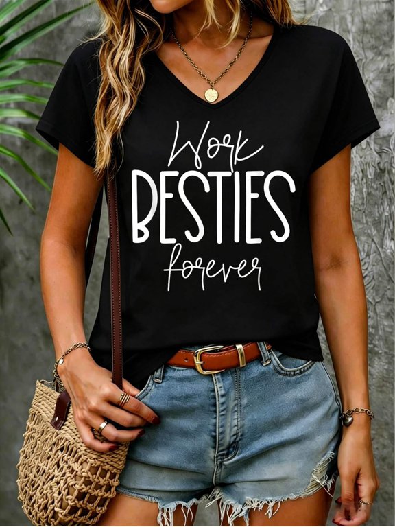 Work Friends Work Besties Matching Employee Coworker Leaving V Neck T-Shirt Cotton Women's V Neck Graphic Tee, Casual Short Sleeve Shirt,Vacation Outfit