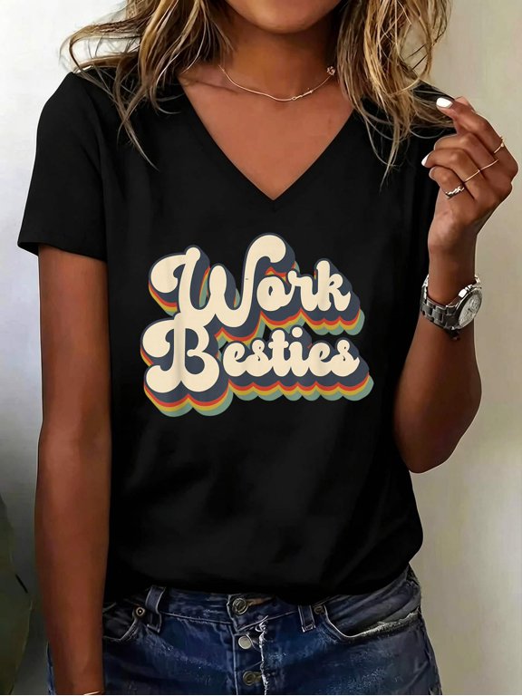 Work Friends Work Besties Matching Employee Coworker Retro V Neck T-Shirt Cotton Women's V Neck Graphic Tee, Casual Short Sleeve Shirt,Vacation Outfit